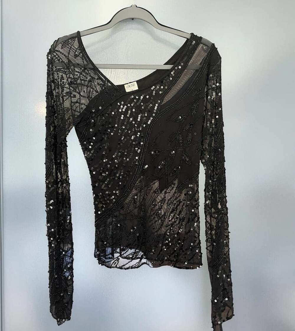 Vintage Y2K Cache Long Sleeve Top Size M Black Sequin Mesh Beaded